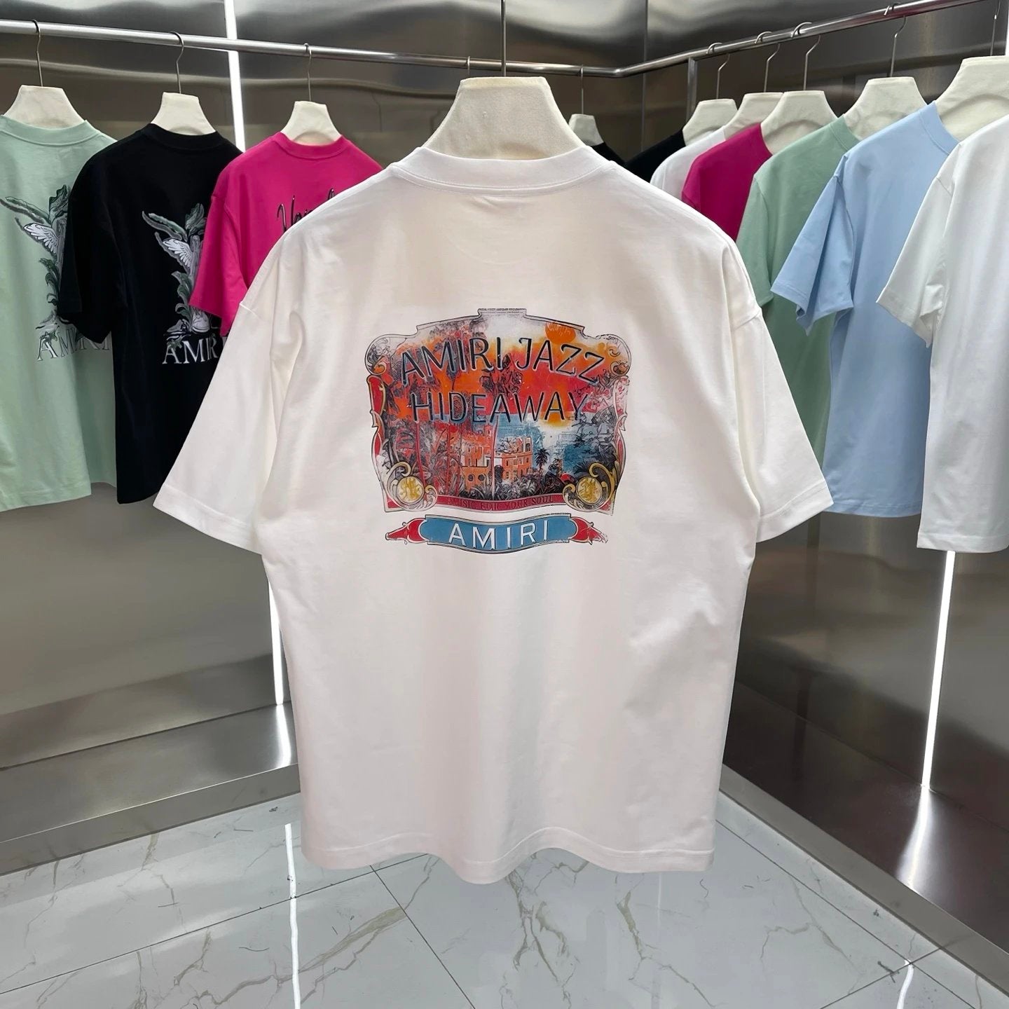 Amiri T-shirt Back Colorful Pattern Print logo round Neck Short Sleeve25ss New Pure Cotton Unisex Style T T-shirt OS Loose Fit Base Shirt Top Half Sleeve T-Shirt