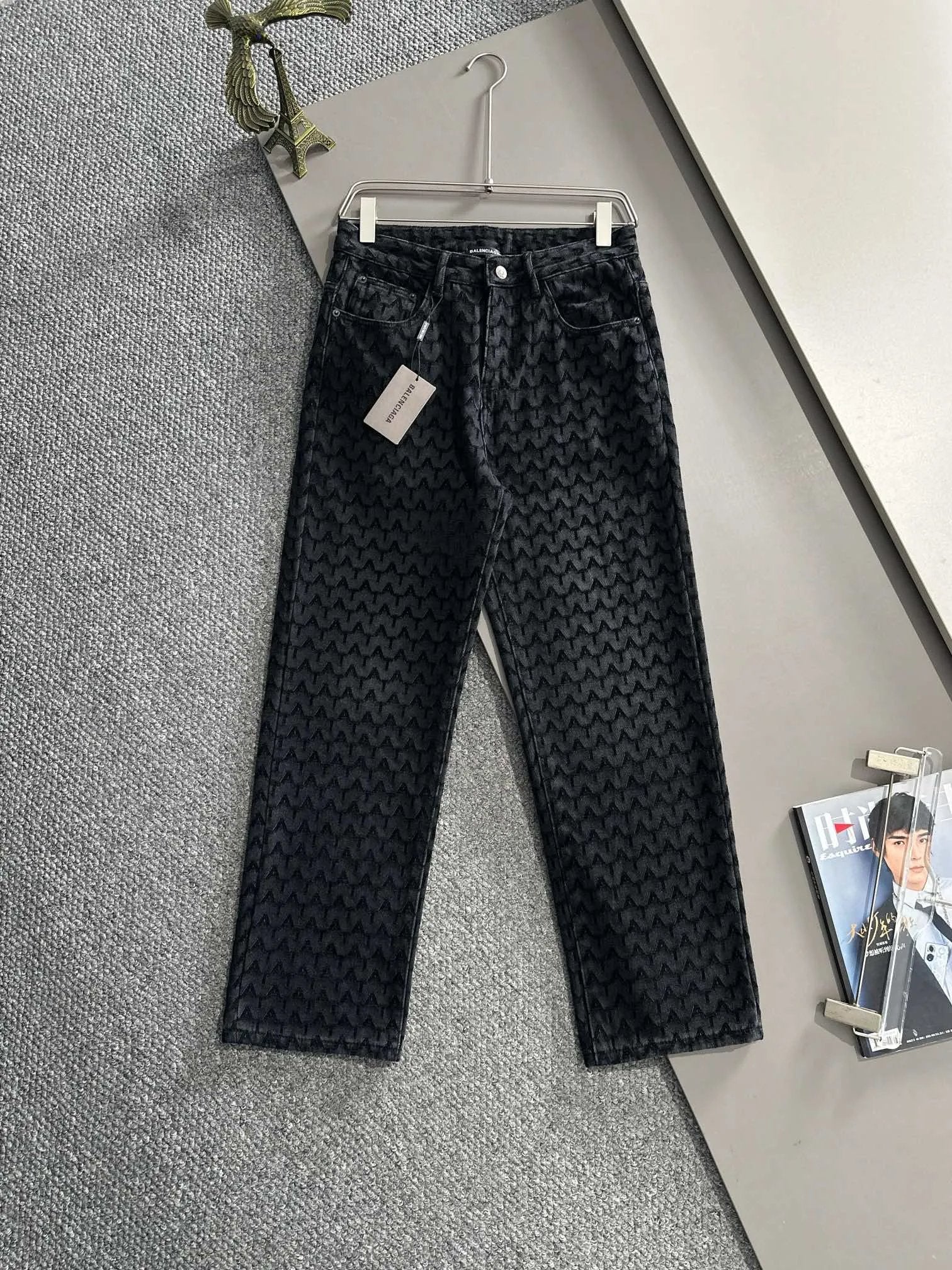 Balenciaga Jeans Double B Back Waist Leather Tag logo Straight Washed Blue Jeans Autumn Winter New Unisex Loose Casual Wide Leg High Waist Pants