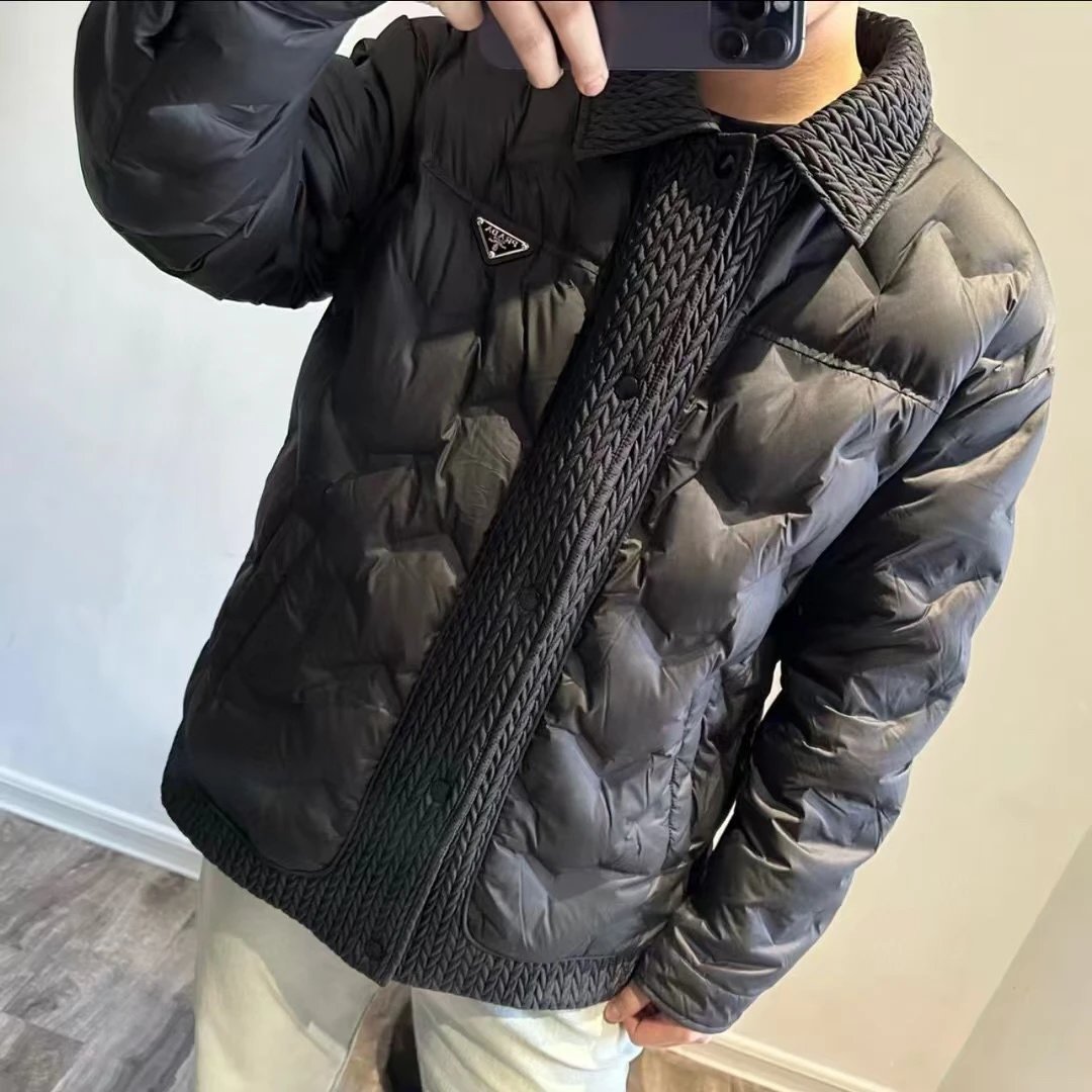 PRADA Down jacket Turn-down Collar Wheat Ear Down Jacket Unisex Fluffy Hooded Long Sleeve Puffer Coat Winter Thickened Warm Loose Versatile Fashion