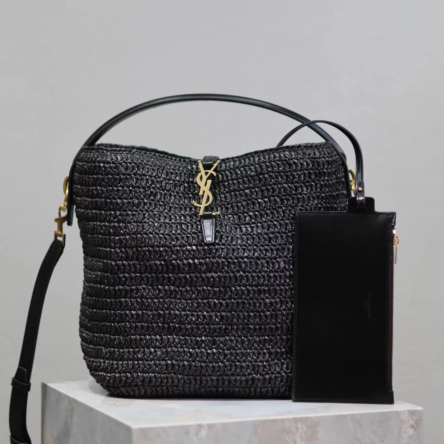 YSL Women's Bag Top version 【Original Leather Premium Version】Home Limited Edition LE37Woven Bucket Bag Handmade Woven Straw Bag Handbag Messenger Bag Women's Bag Cowhide Edge&LOGO Hardware Hooks with Raffia Woven Spring and Summer New Travel Vacation Ess