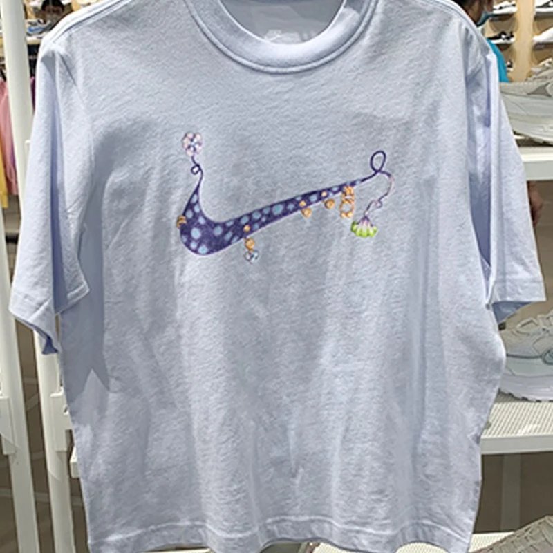 Nike Ladies T Summer round Neck Back Label Sports Loose Large Hook Graffiti Printing Short Sleeve FD9315