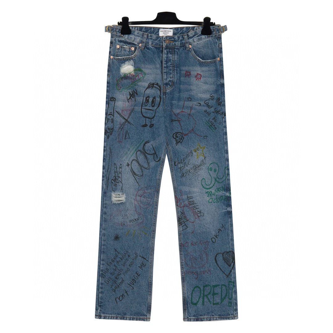 Balenciaga Jeans Full Print Graffiti Design logo25ss Spring Summer New Straight Leg Jeans Unisex Slim Fit Long Pants Loose