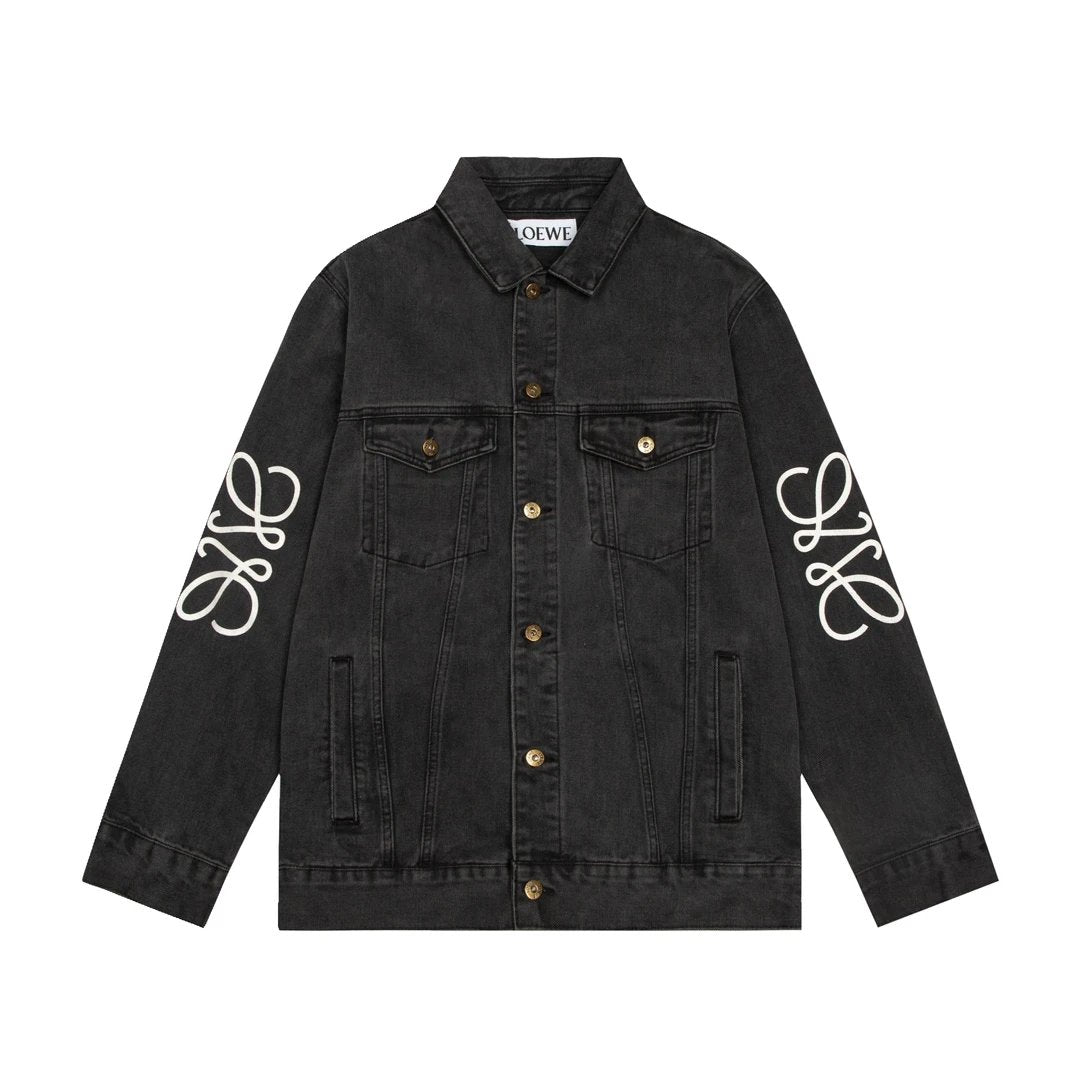 LOEWE Jackets Denim Jacket Fashion Simple Heavy Casual Short Denim Unisex Washed Vintage Turn-down Collar Jacket