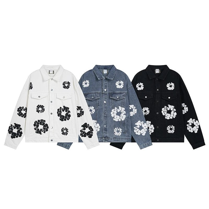 Denim Tears Denim jacket Printed American High Street Casual Loose Couple Flower Denim Coat Jackets Men