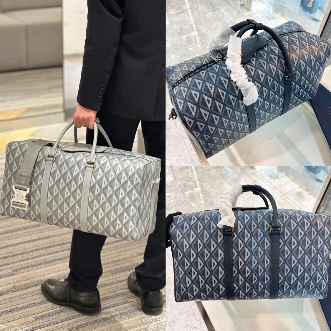 Dior Travel Bag Top version 【High Version】2022Diamond Series New Lingot50Luggage Bag keepall50cm Handbag Travel Bag Travel Bag Large Capacity Bag Handbag Shoulder Bag Messenger Bag Gray Canvas CDDiamond Pattern