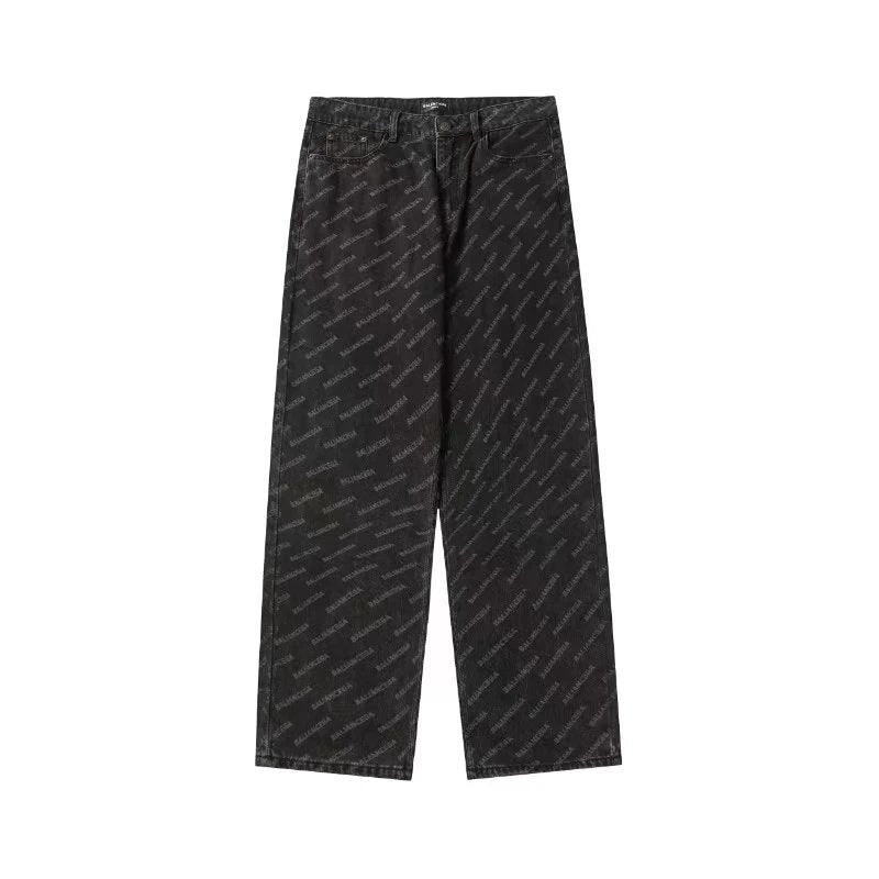Balenciaga Jeans Letter Print Full Print Jeans Casual Straight Pants High Waist Pants Unisex Long Pants24ss Autumn and Winter New Products