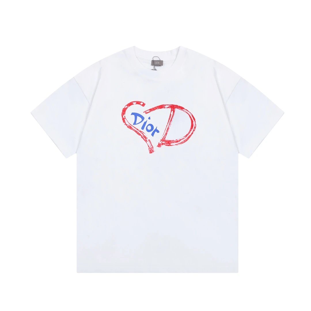 Dior T-shirt Chest CD Alphabet Doodle Heart Print logo round Neck Short Sleeve25ss New Pure Cotton Unisex Style T Casual T-Shirt Base Layer Shirt OS Loose Fit Half Sleeve Top Plus Size