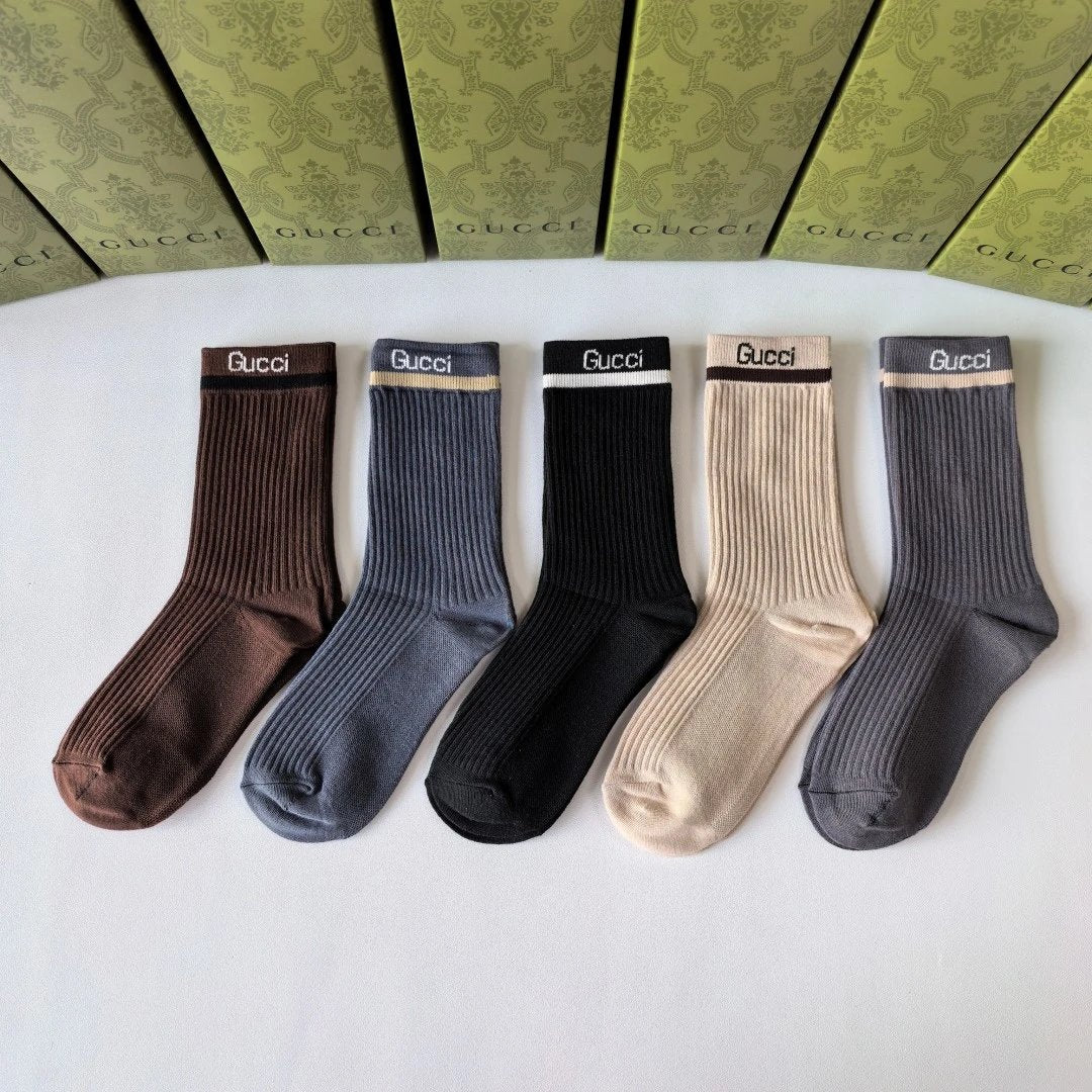 Gucci Sock 【Five Pairs Per Box】Classic Letters logo Pure Cotton Mid-Calf Slouch Socks Breathable Fashionable25ss New Cotton Socks Thin Business Sports Casual Spring Summer Autumn Versatile Deodorant Sweat-Absorbing