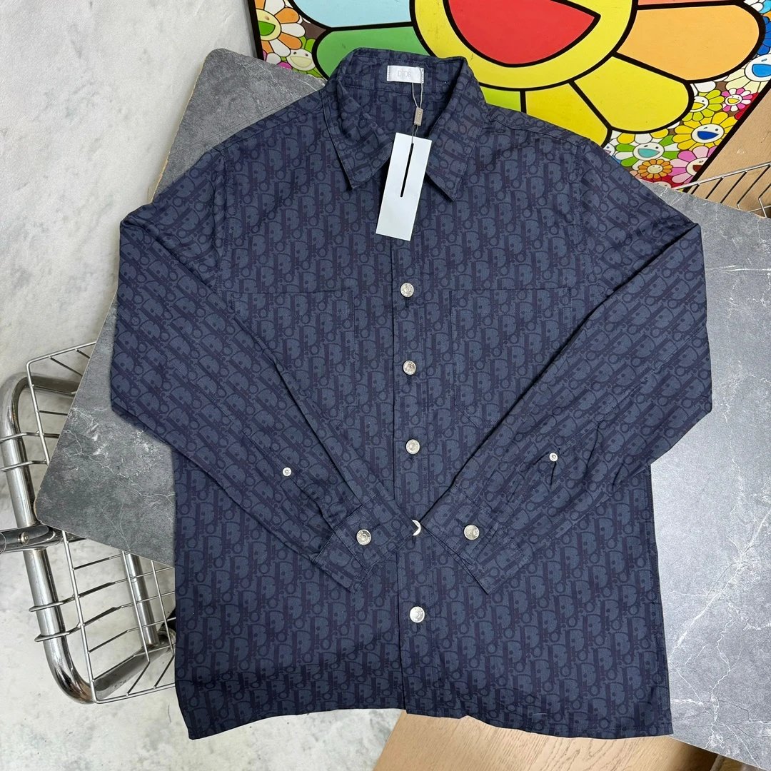 Dior Shirt Dark Pattern Full Print Button Shirt Bamboo Cotton Denim Twill Long Sleeve Shirt Casual Loose Versatile Cardigan Business Slim Fit Jacket Coat Unisex24ss Autumn and Winter New Products