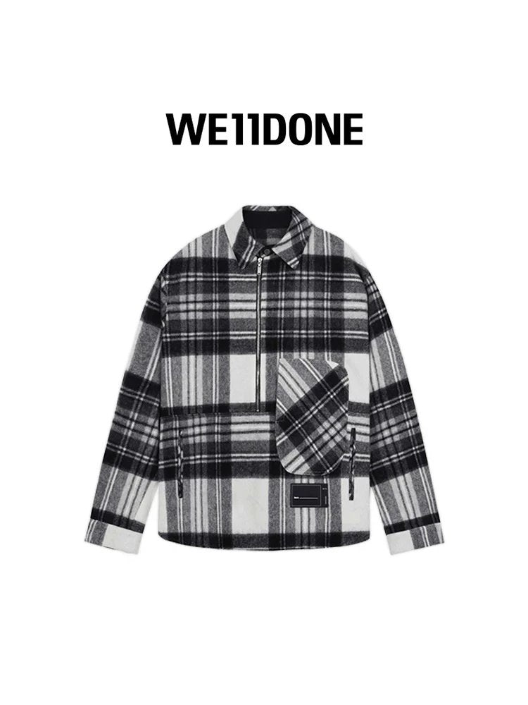 We11done Shirt Top Version Half Zipper Wool Plaid Striped Baggy Coat Shirt for Men and Women