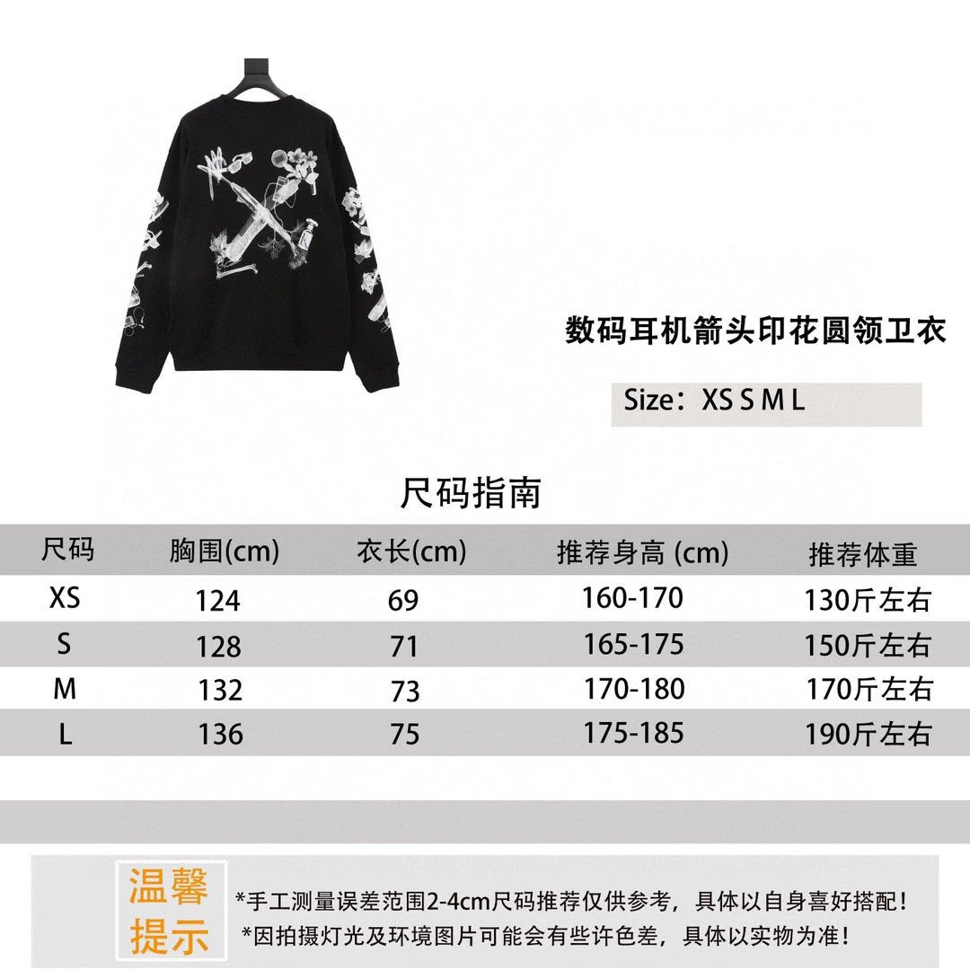 OFF -White Hoodie 24FW Digital Headset Arrow Printed Crew Neck Sweatshirt Same Style for Men and Women