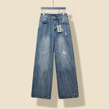 Balenciaga Jeans High Waist Ripped Jeans for Women, Versatile Casual Loose Fit Long Pants