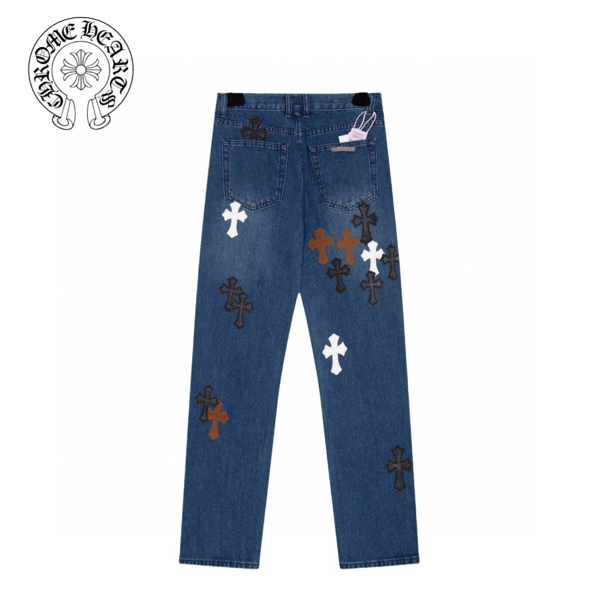Chrome Hearts Jeans Multicolor Cross Patchwork Leather logo25ss Spring Summer New Straight Loose Jeans Unisex Slim Fit Long Pants