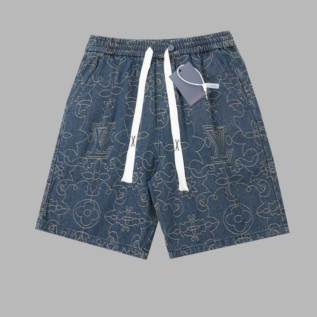 Louis Vuitton LV Shorts Full Embroidery Jacquard logo Five-point Shorts25ss New Drawstring Casual Summer Pants American Style5Two-in-One Casual Sweatpants for Men and Women, Pure Cotton Joggers