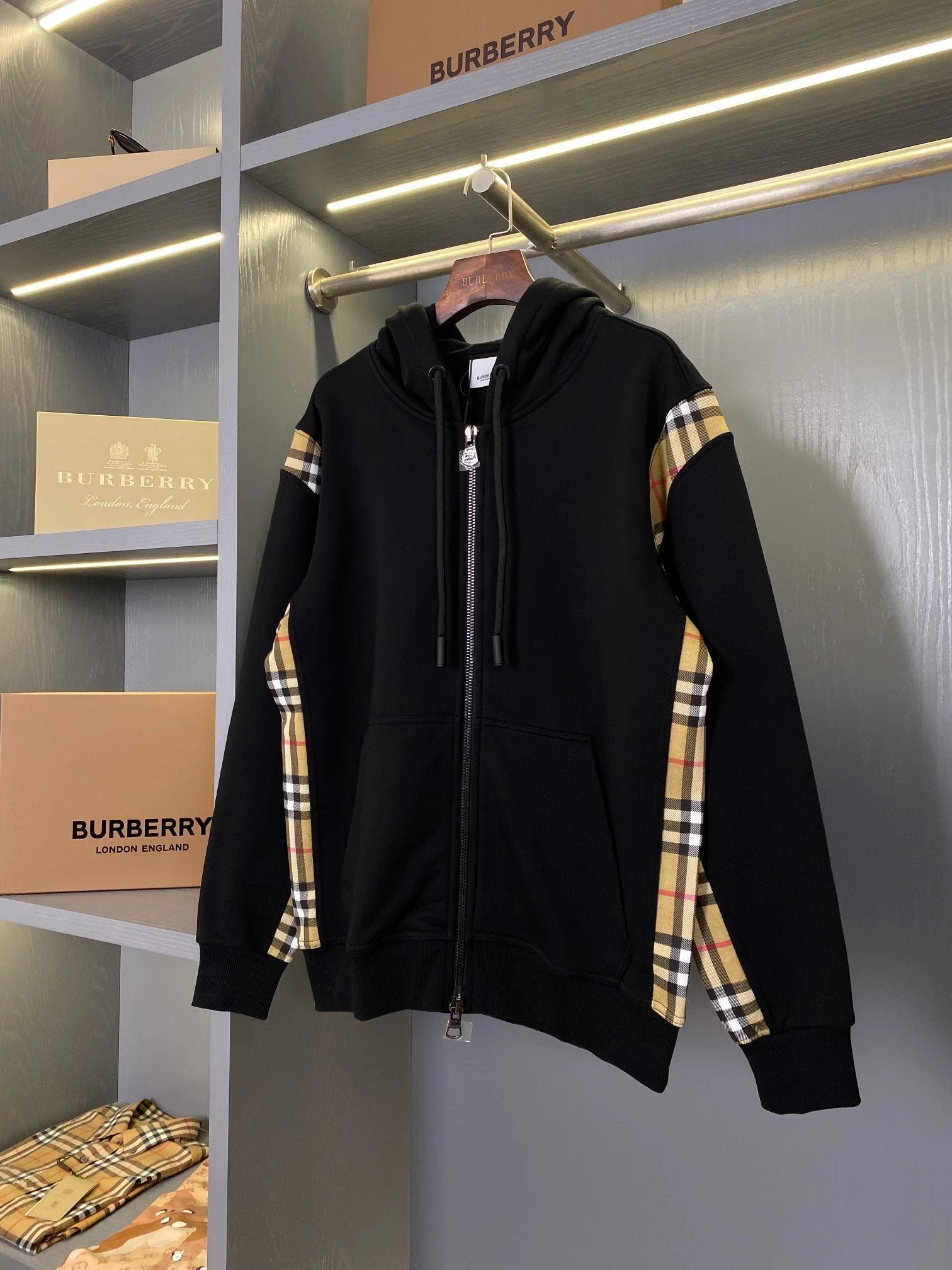 Burberry Jackets Vintage Plaid Patch Cotton Loose Zip-Up Hoodie BUR Unisex Zipper Jacket
