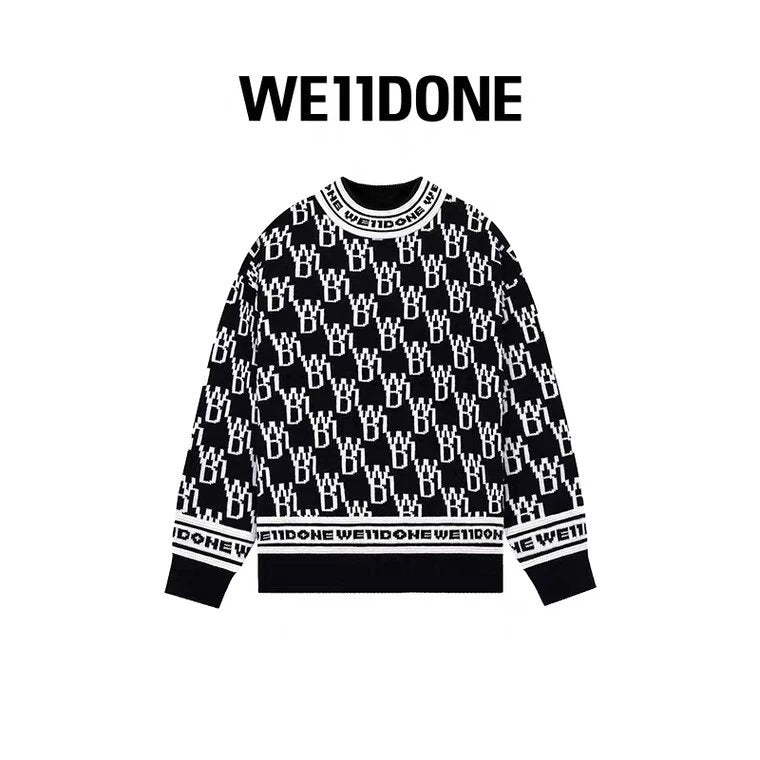 We11done Sweater Top Version Full Print LOGO Knitted round Neck Woolen Sweater Men's and Women's Same Casual