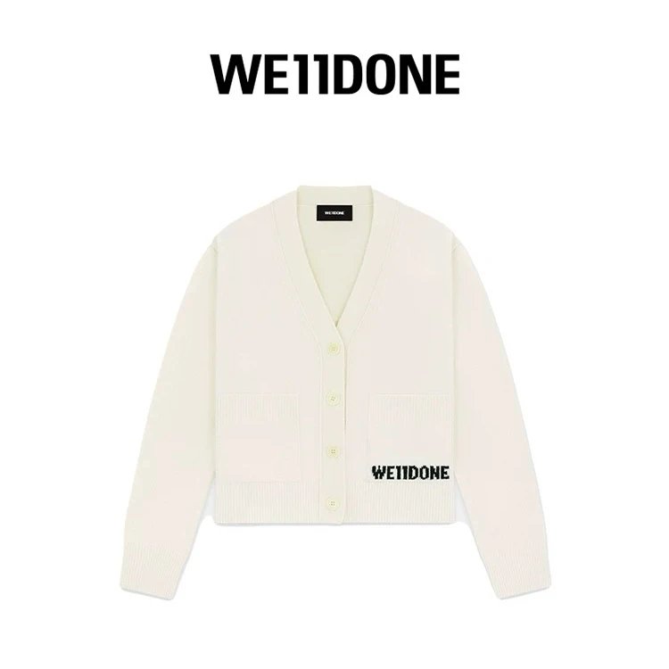 We11done Jackets Top Version Wool Knit Cardigan Jacquard Letters LOGO Pocket Sweater Coat