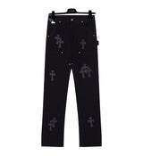 Chrome Hearts Jeans Patchwork Leather Cross logo25ss Spring Summer New Straight Slim Fit Jeans Unisex Loose Fit Long Pants