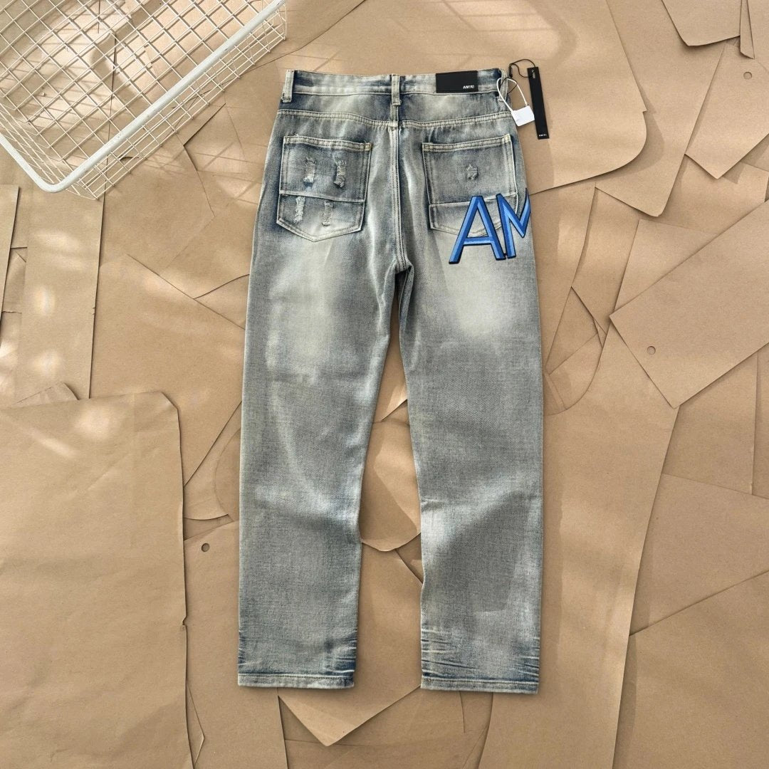 Amiri Jeans Front and back letter embroidery logo25ss Spring Summer New Straight Slim Fit Jeans Unisex Loose Fit Long Pants