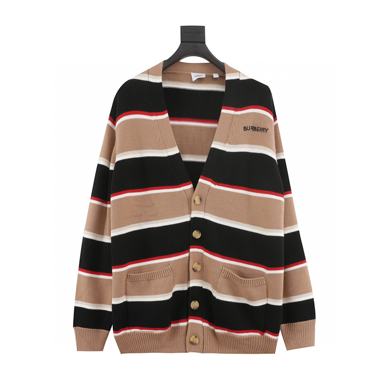 Burberry Sweater Small Chest LOGO Embroidered Khaki Striped Cardigan for Men and Women