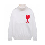 Ami Sweater Top Version White Love Jacquard Embroidered Wool Sweater Love Turtleneck Men and Women Same Style