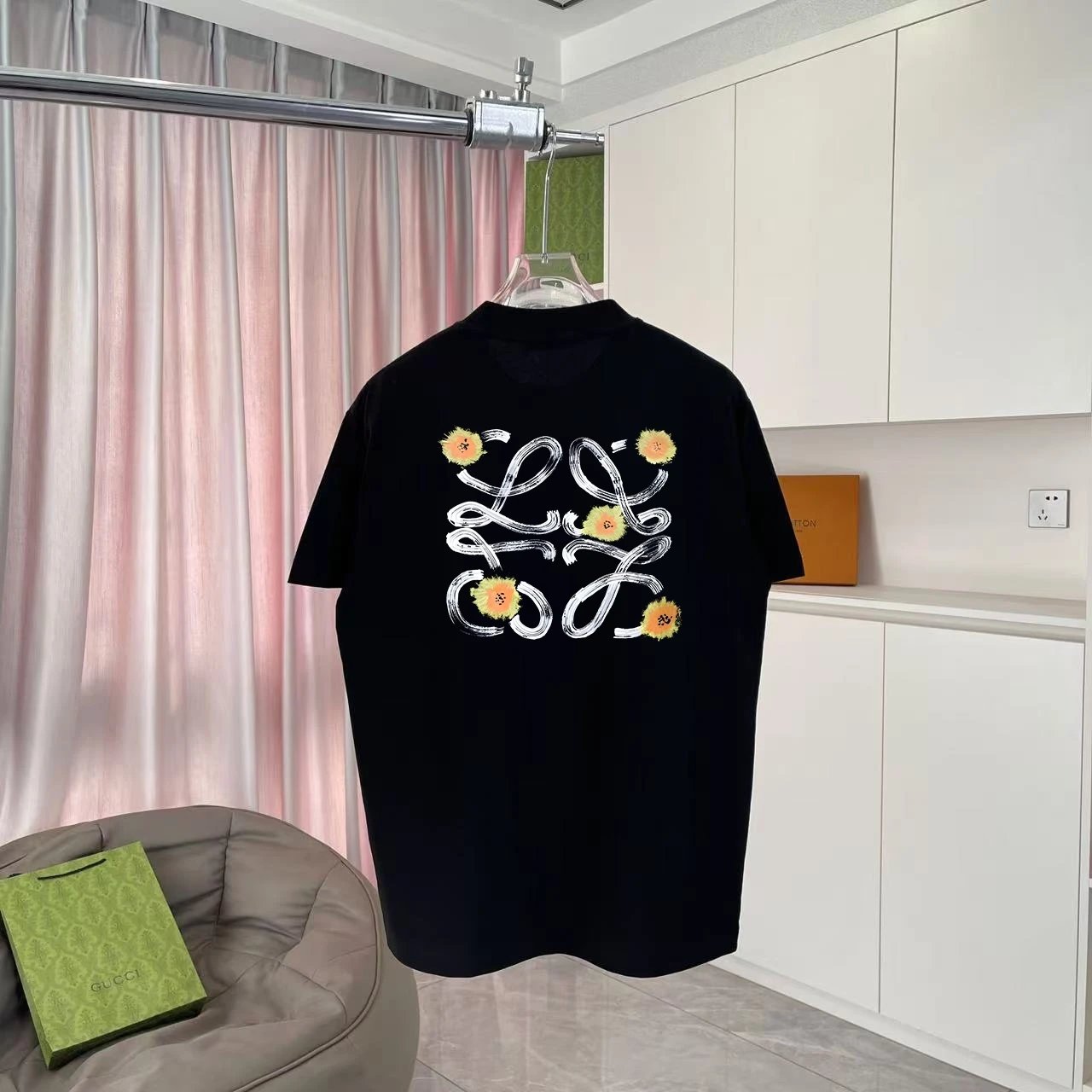 LOEWE T-shirt Back Sun Brand Pattern Print logo round Neck Short Sleeve25ss New Pure Cotton Unisex Style T Casual T-Shirt Base Layer Shirt OS Loose Fit Half Sleeve Top Plus Size