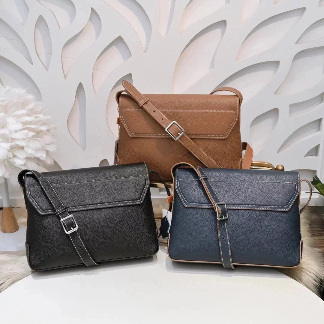 Hermes men's bag Top version Genuine Goods Grade New Classic Men's Fashion Flap Bag Crossbody Bag Men's Casual Shoulder Bag Men's Bag First Layer Cowhide Handbag Khaki Full Leather Black Canvas Handmade Big Bag