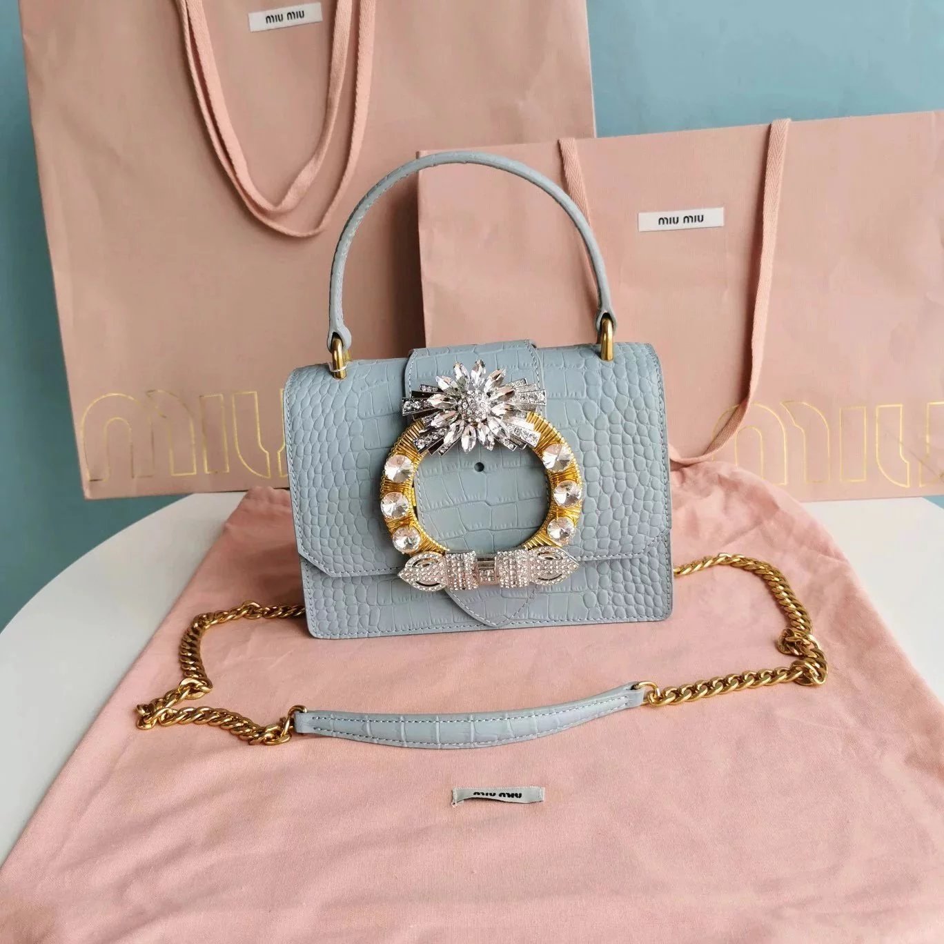 Miu Miu Bag Top version 【Pure Original Single Factory Production】2022New miulady Crocodile Pattern Cowhide Women's Drill Buckle Jewelry Buckle Chain Bag Flap Shoulder Bag Messenger Bag Women's Bag