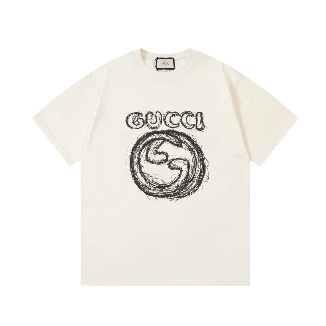 Gucci T-shirt Double-breasted G Vintage Curved Letters logo round Neck Short Sleeve25ss New pure cotton T Unisex T-Shirt OS Drop Shoulder Loose Fit Base Shirt Top T-Shirt Short Sleeve