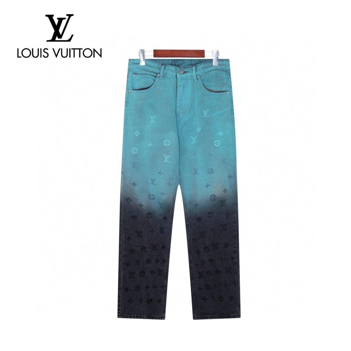 Louis Vuitton LV Jeans Blue and black color matching logo25ss Spring Summer New Straight Loose Jeans Unisex Slim Fit Long Pants