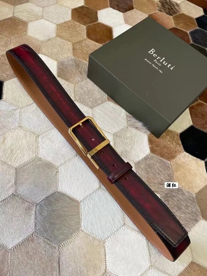 Berluti Belt Top version Original Single Men's New High-End Double-Sided Belt Waist Belt Pure Steel Rotating Pin Buckle Buckle Double-Sided Two-Color Totem Carving Carved Genuine Leather35mm Full Package Belt Men