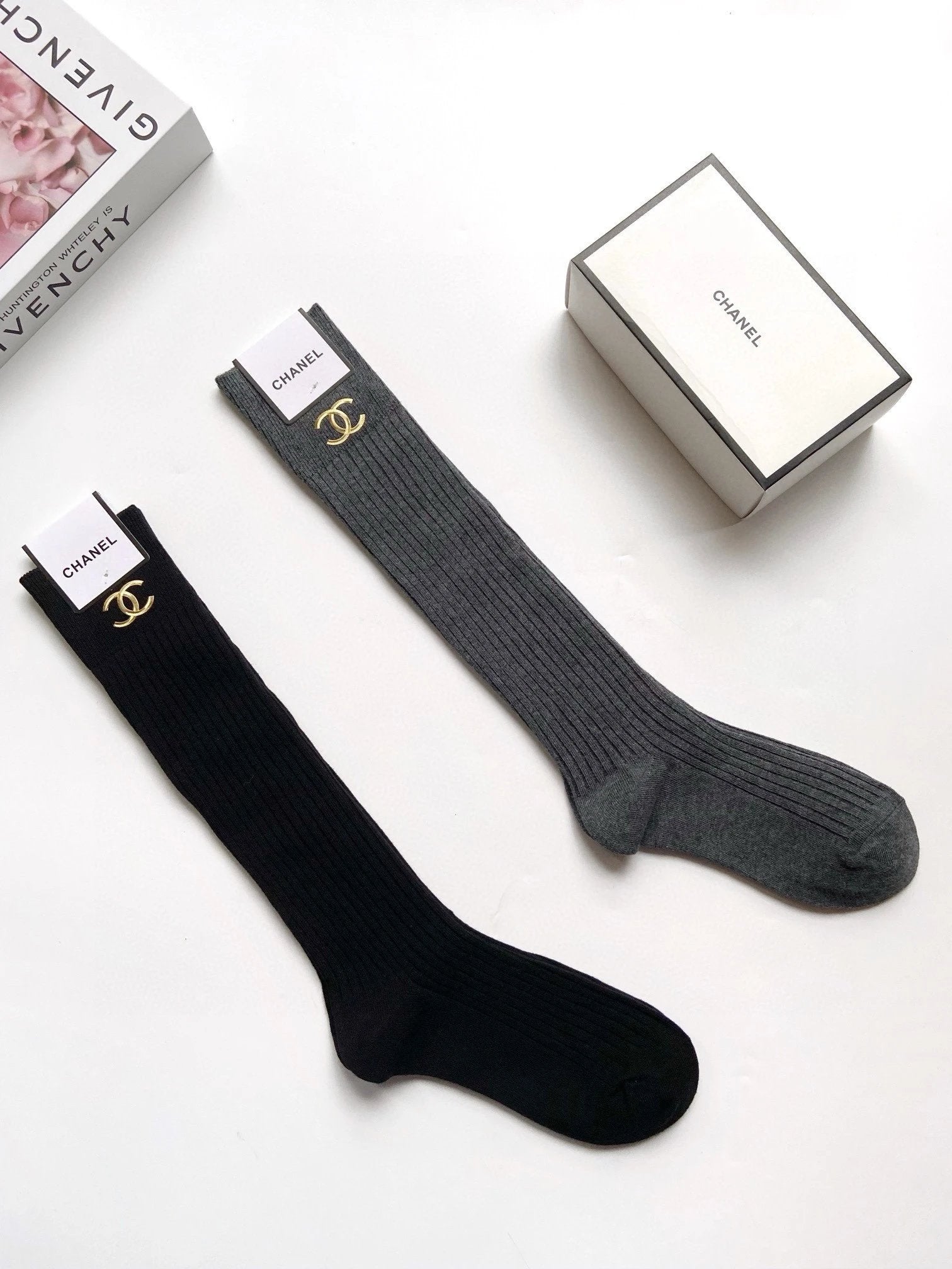 Chanel Sock With box【One Box and One Pair】l Classic Double C Letters logo Purified Cotton Stockings Calf Socks