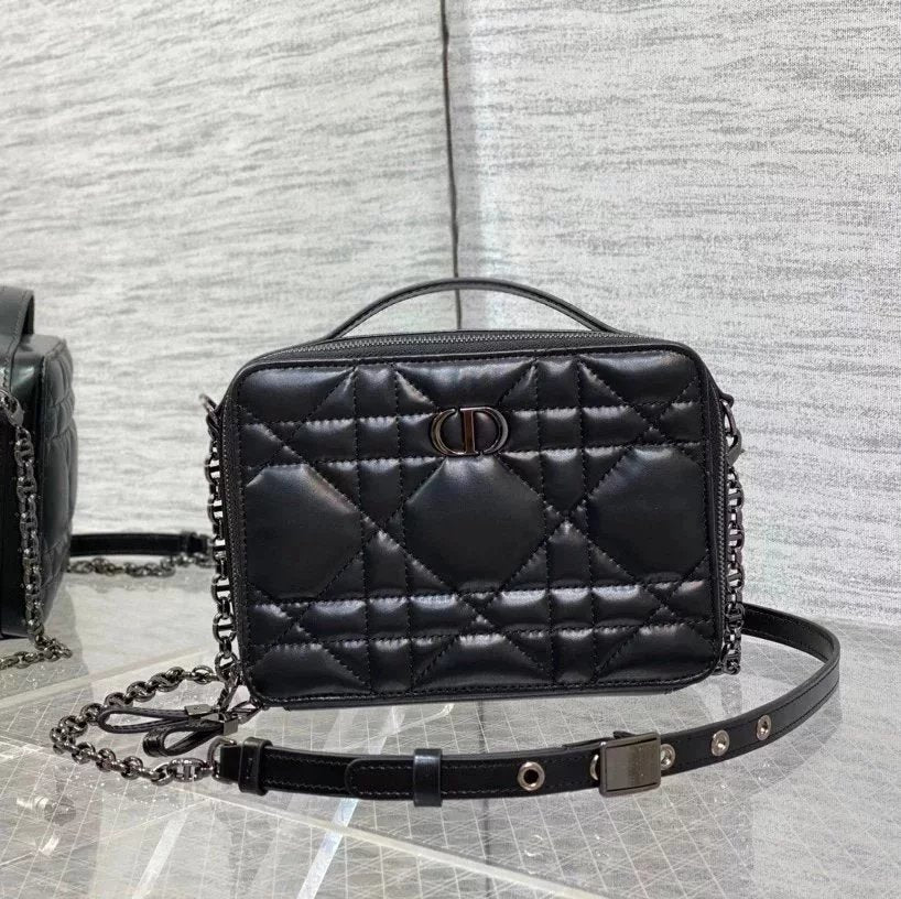 Dior Women's Bag Top version 【Original Version】New Ladies Caro Camera Bag Diamond Plaid Sheepskin Chain Bag Portable Box Bag French Travel Bag