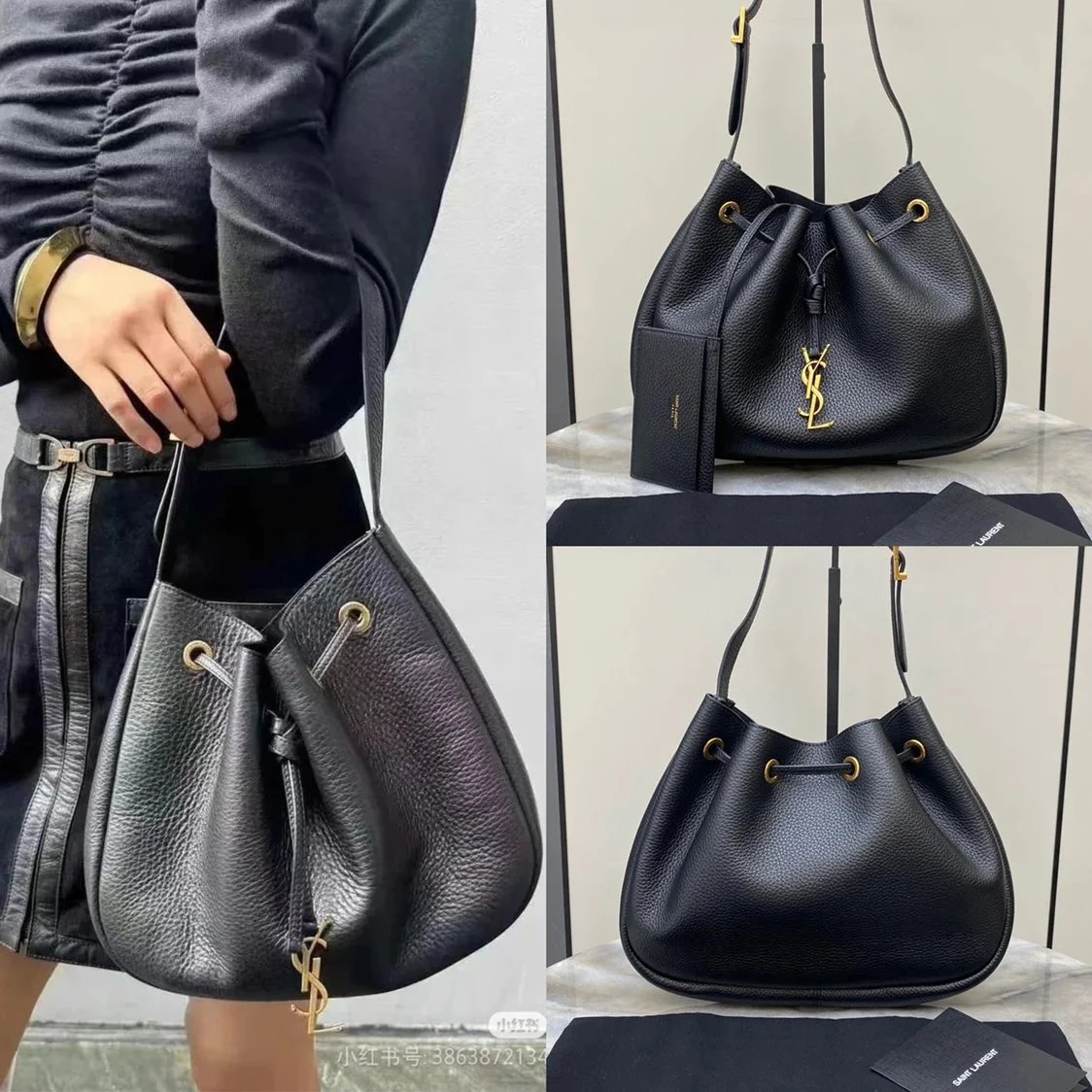 YSL Women's Bag Top version 【Original Leather Quality】New PARISVII Grain Leather Small Size HOBO Handbag Cowhide Drawstring Bucket hobo Bag Accessories Is Iconic CASSANDRE Pendant，Same Color Suede Lining796626