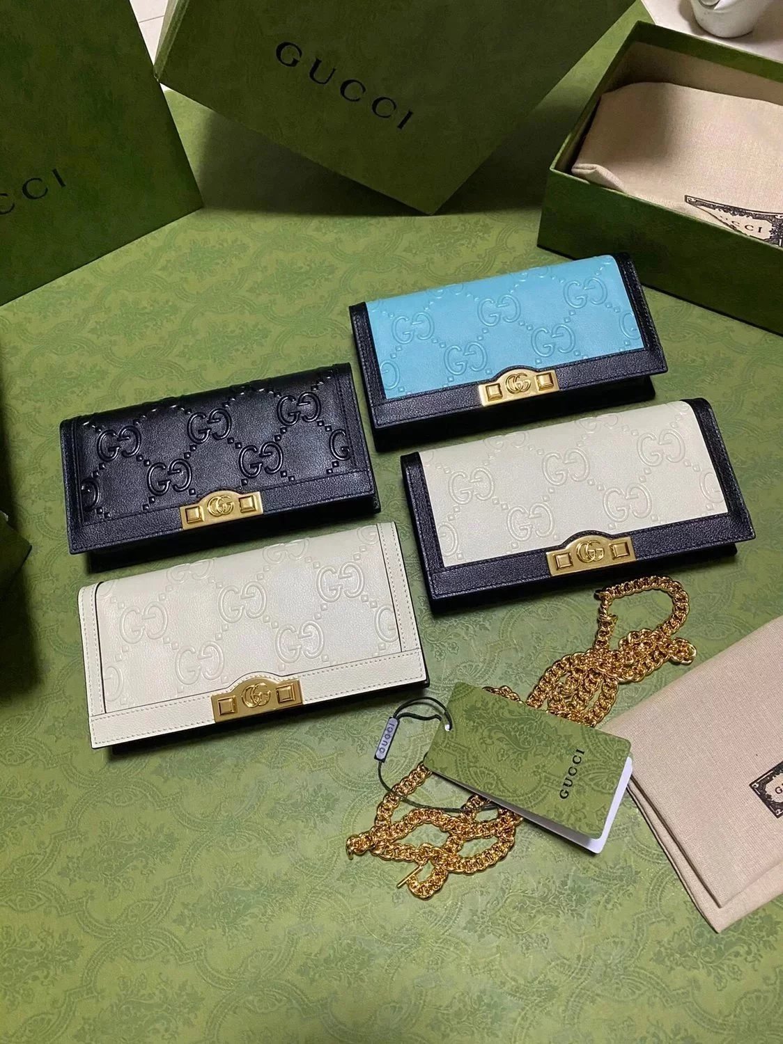 Gucci Wallet Top version 【Genuine Goods Leather Products】2022New WOC Envelope Package Chain Bag Long Wallet Brand New Cowhide Embossed Double Glogo Long Wallet Unisex Wallet