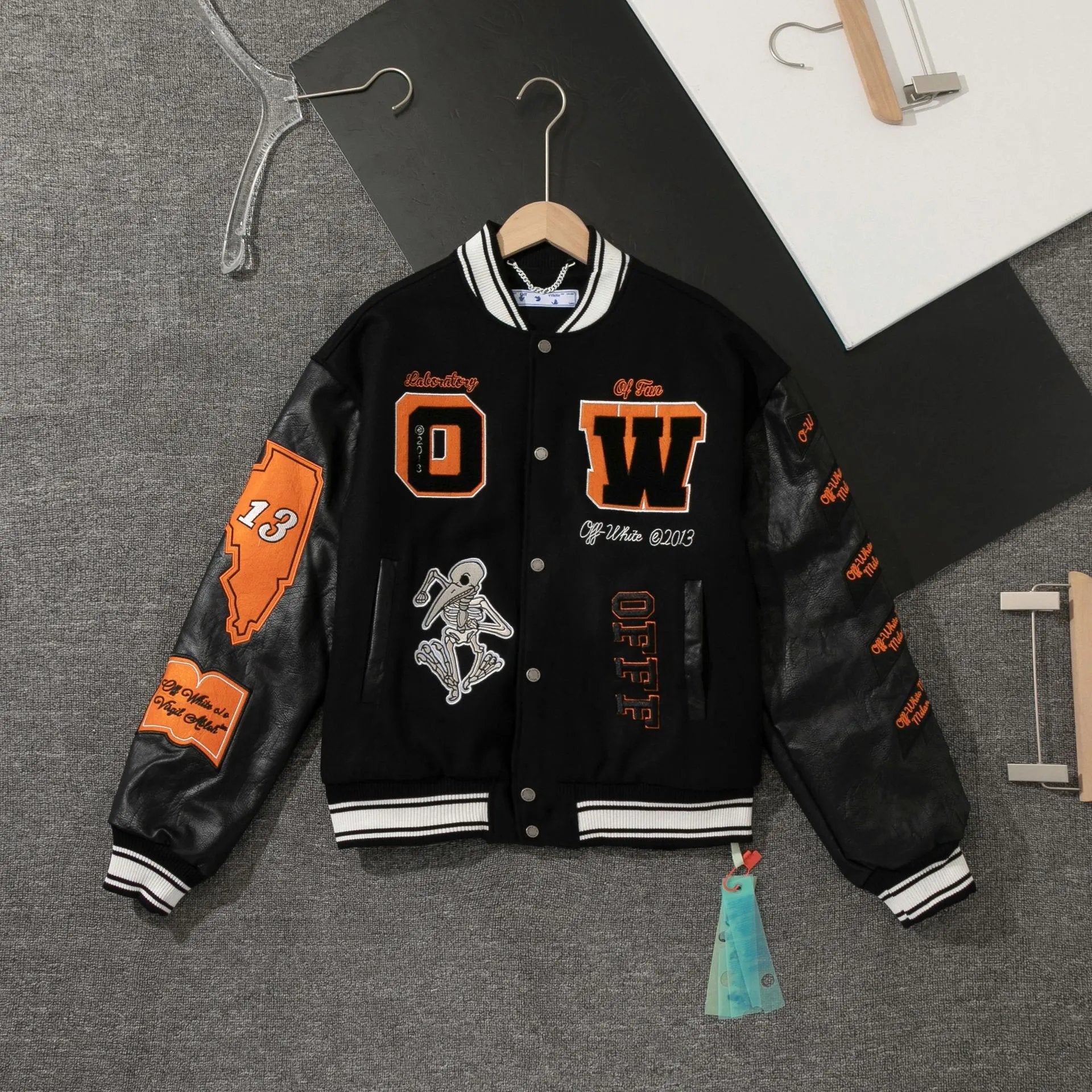 OFF-White Jackets Coats This Year's New Leather Patchwork Baseball Uniform European and American Fashion Brand Couple's Youth Street Fashion Jacket Jacket