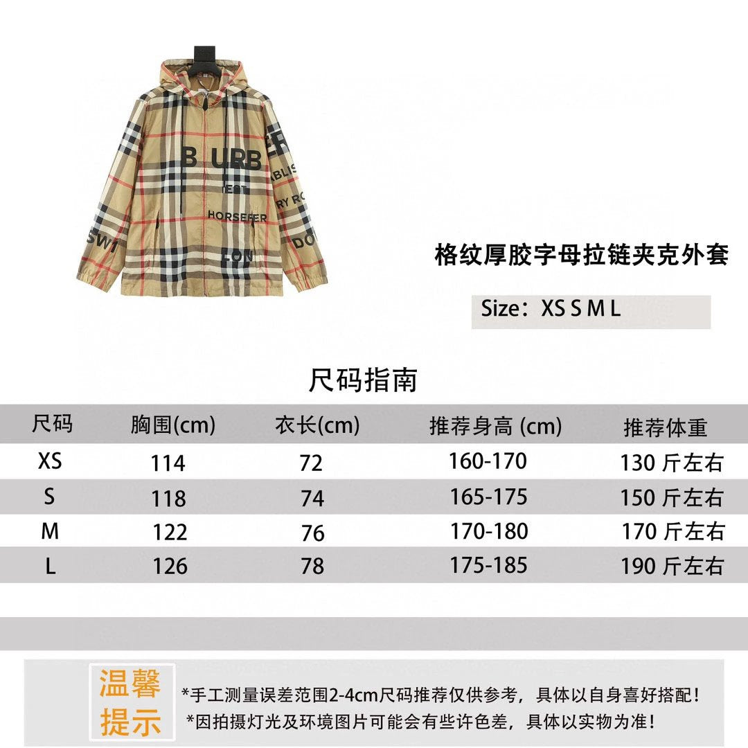 Burberry Jackets Plaid Thick Glue Letter Zipper Hooded Jacket Coat for Men and Women