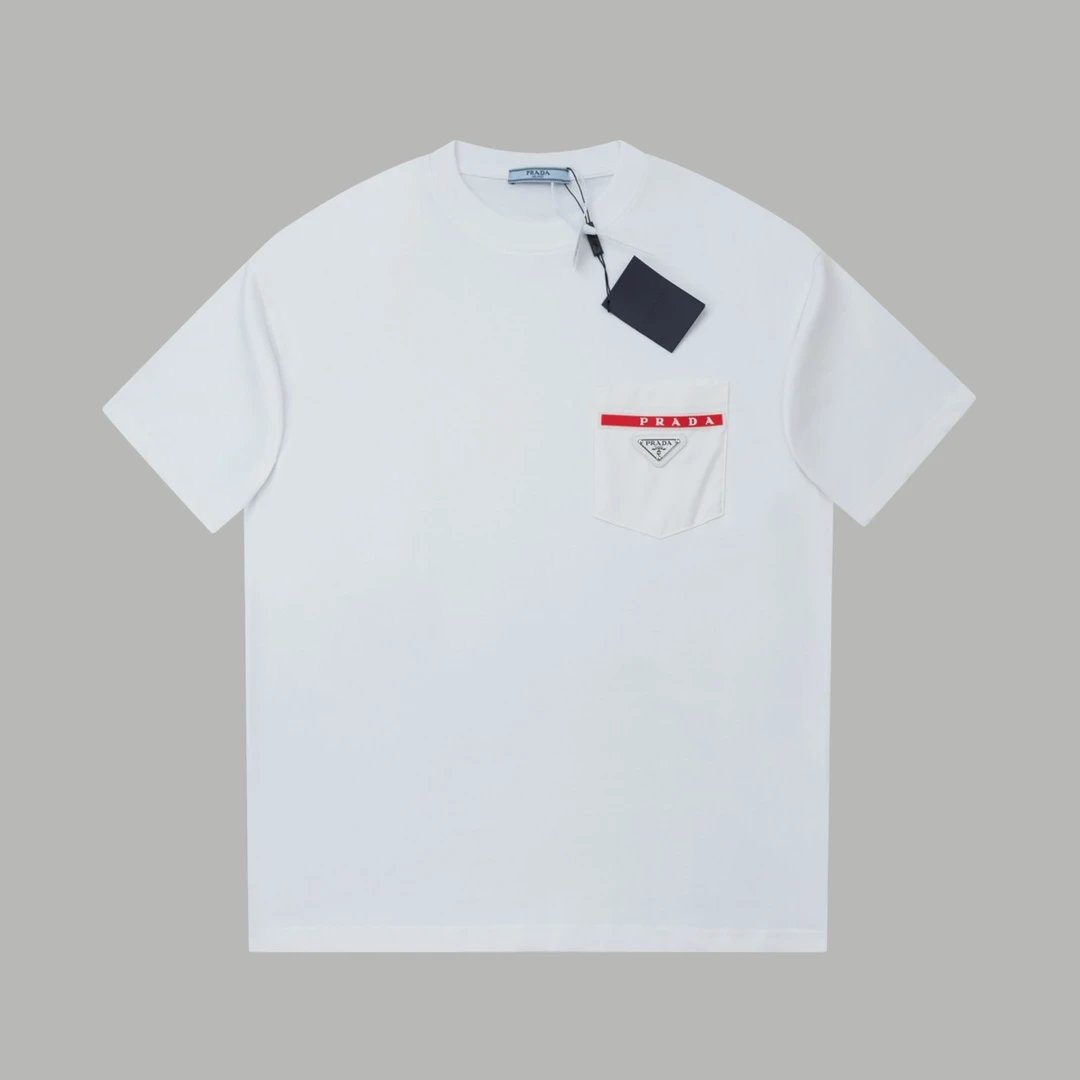 PRADA T-shirt Chest Triangle Sticker Mark logo round Neck Short Sleeve25ss New Pure Cotton Unisex Style T Casual T-Shirt Base Layer Shirt OS Loose Fit Half Sleeve Top Plus Size
