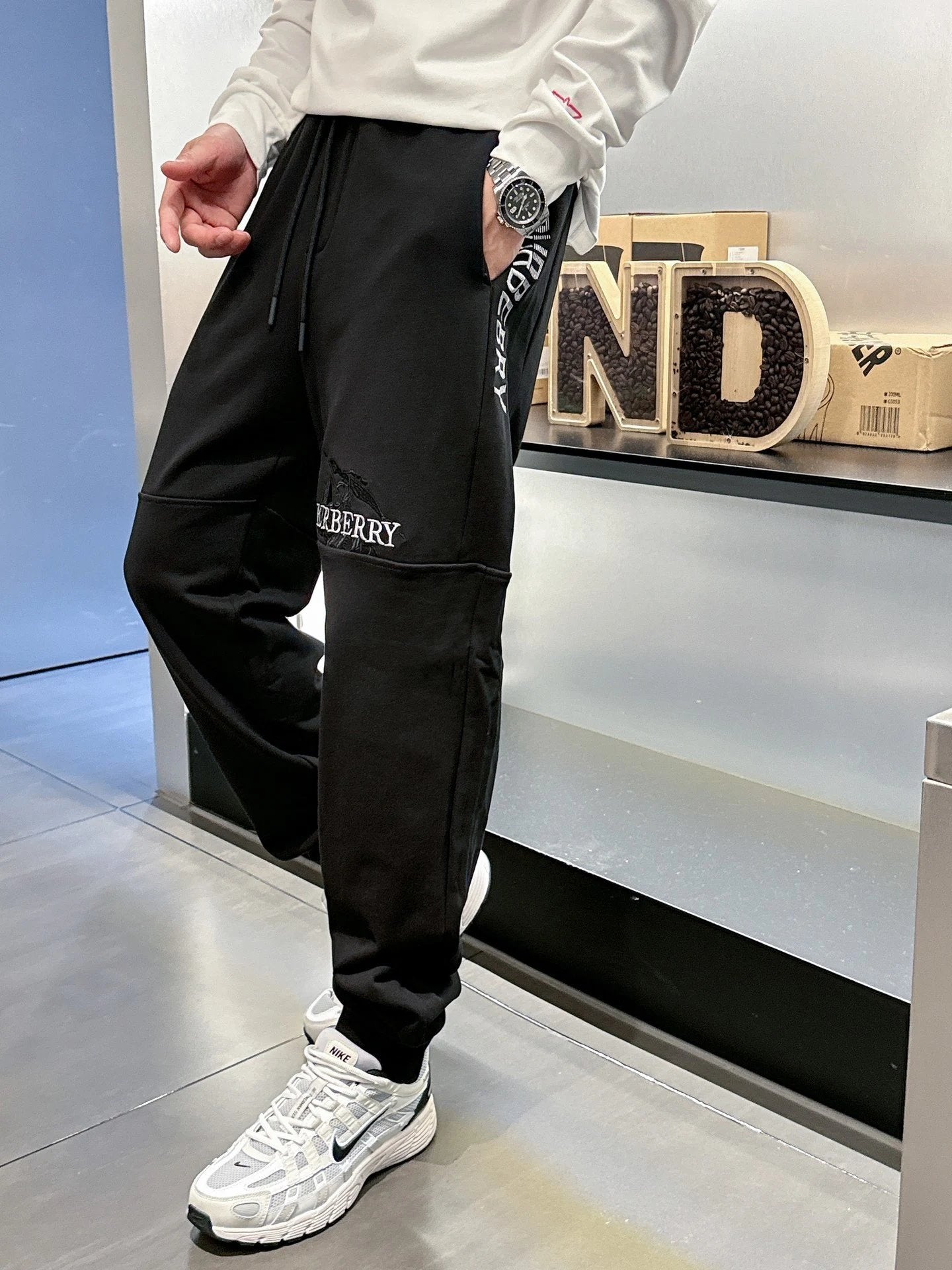 Burberry Sweatpants 3D Embroidered Letter Jogger Sweatpants for Men and Women, Drawstring Loose Fit Winter Casual Pants, High Waist Color Block