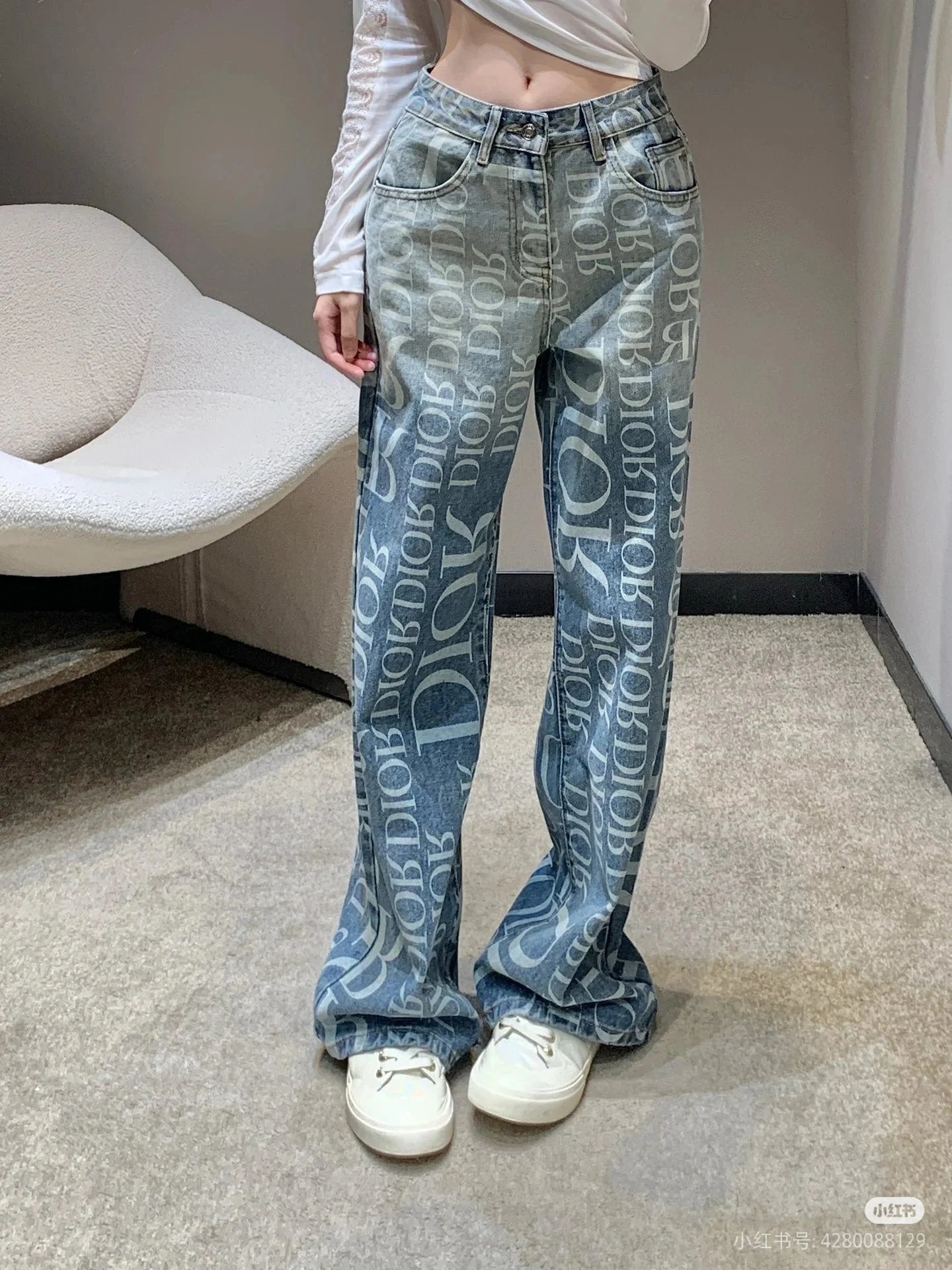 Dior Jeans 24Autumn Winter New Gradient Washed Full Letter Print logo Women's Straight Leg Jeans Casual Versatile