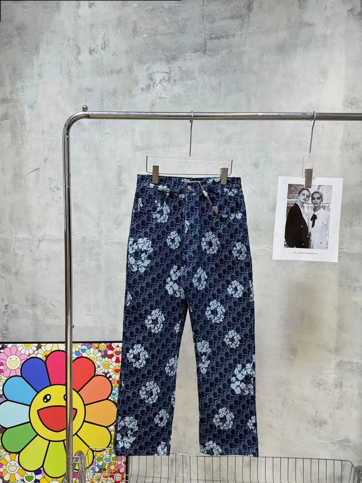 Dior Jeans Full Print Graffiti Floral Straight Leg Jeans Pure Cotton Casual Pants High Waist Slim Fit Versatile Wide Leg Pants Unisex Long Pants24ss Autumn and Winter New Products
