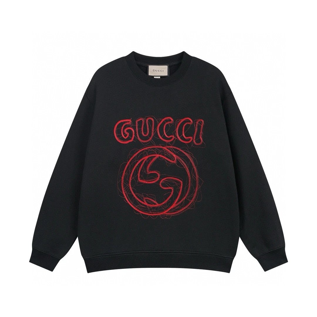 Gucci Hoodie Large Chest Embroidery logo Round Neck Sweatshirt Long Sleeve Base Shirt Jacket Top Fashion Unisex Sports Casual Loose Fit Versatile Autumn Winter New Arrival