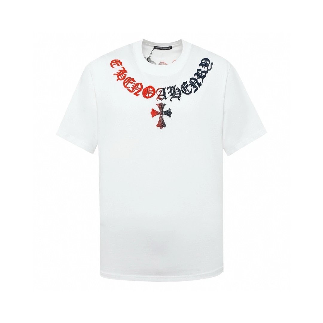 Chrome Hearts T-shirt Front and Back Sanskrit Script Toothbrush Embroidered Round Neck Short Sleeve25ss New Pure Cotton Unisex Style T T-shirt OS Loose Fit Base Shirt Short Sleeve T-Shirt Top