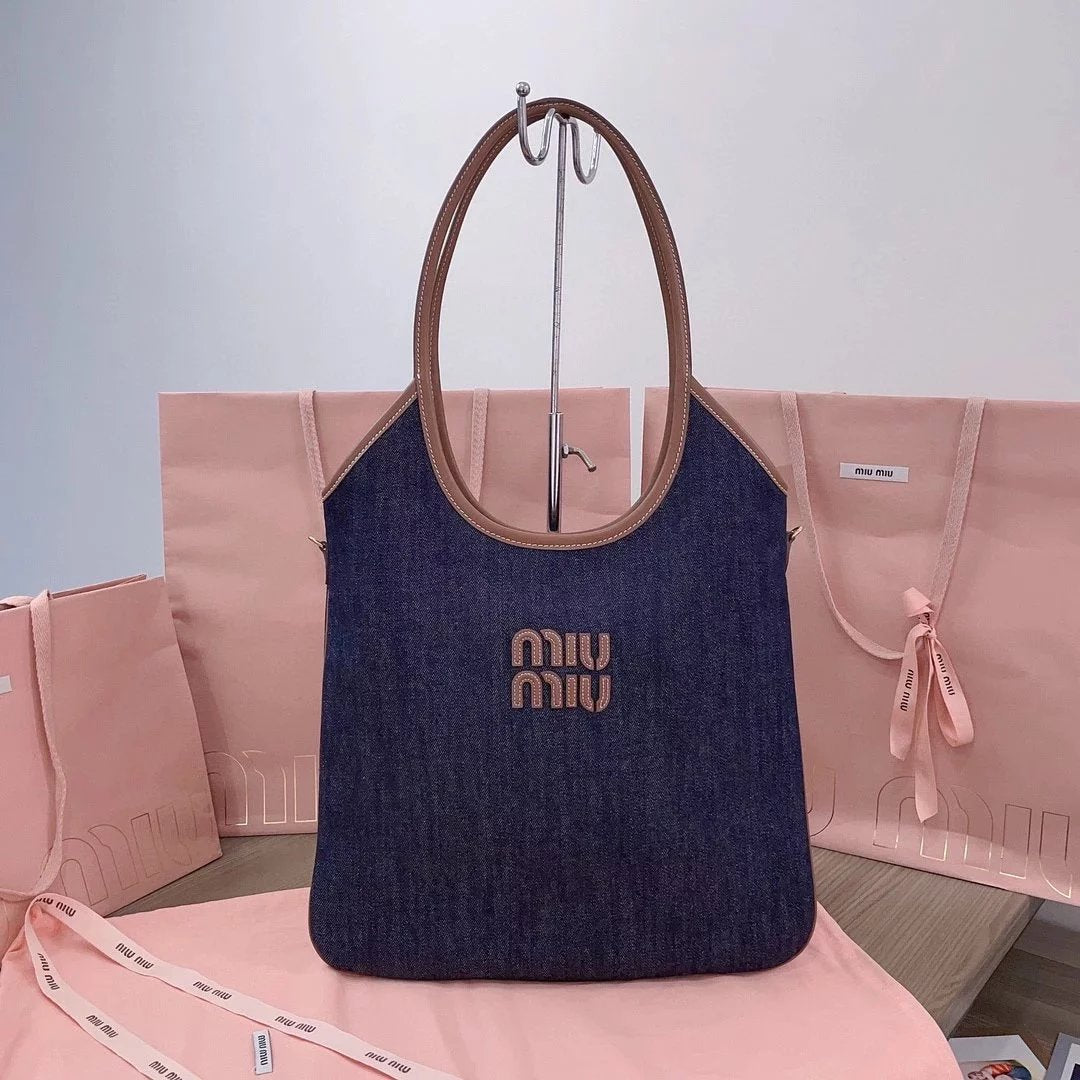 Miu Miu Bag Top version 【Original Order】New Isidan Limited Tote Bag Denim Shoulder Bag Underarm Bag Handbag Women's Bag5BG231