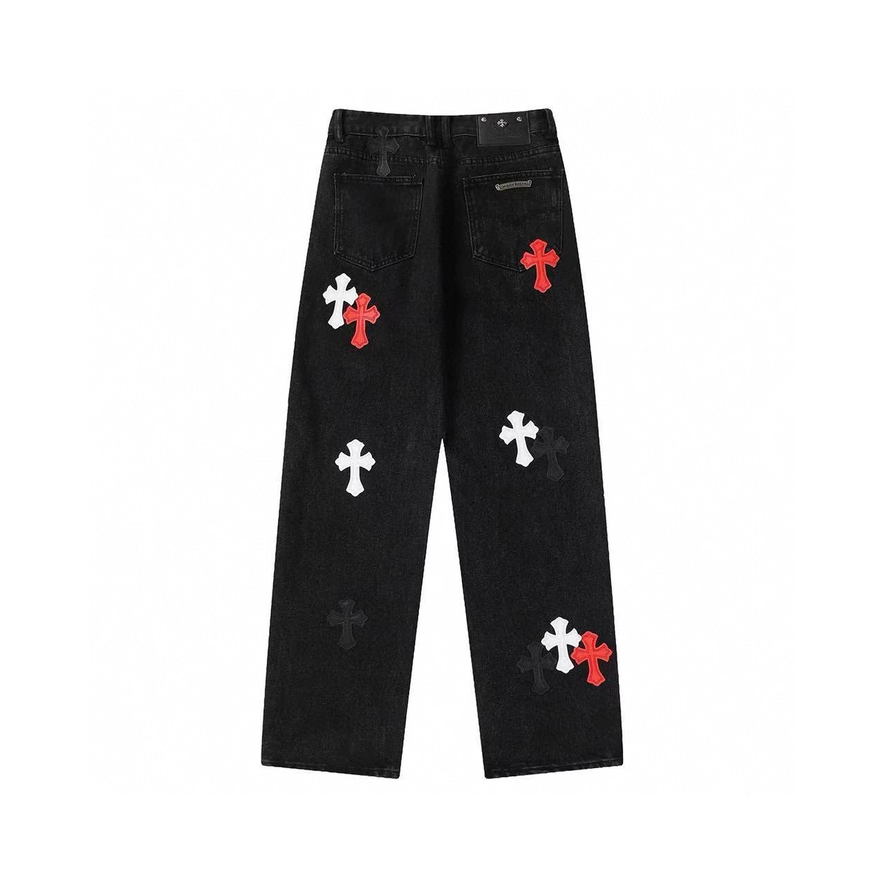 Chrome Hearts Jeans Top Version Cross Leather Tag Version Worn Jeans Casual Men and Women Slightly Loose All-Matching Contraction Trouser