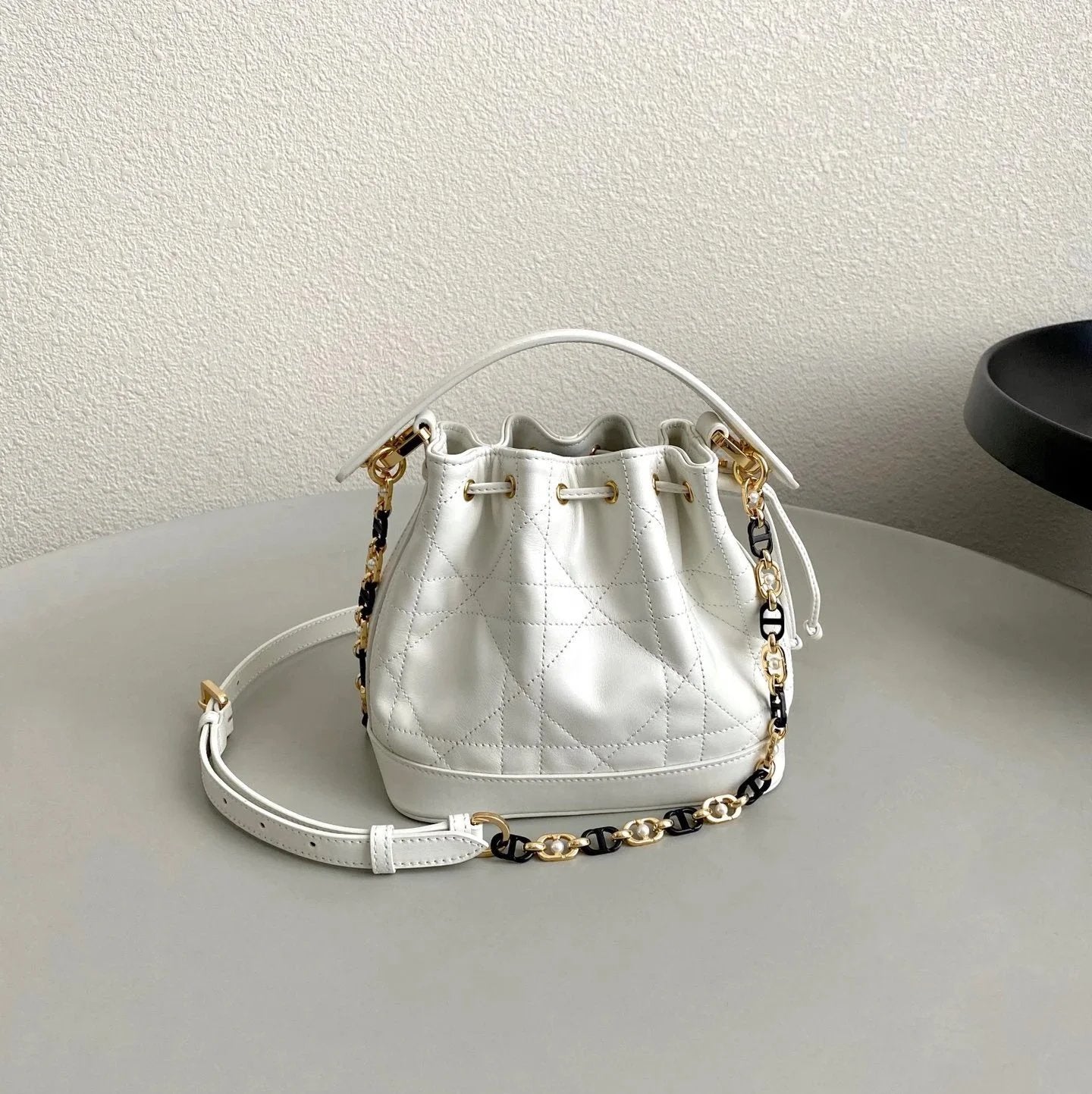 Dior Women's Bag Top version 【Original Leather Premium Version】2024New Jolie Bucket Bag Hand-Carrying Bucket Bag Pearl Chain Bag Two-Tone Letter Chain Crossbody Bag Small Bucket Bag