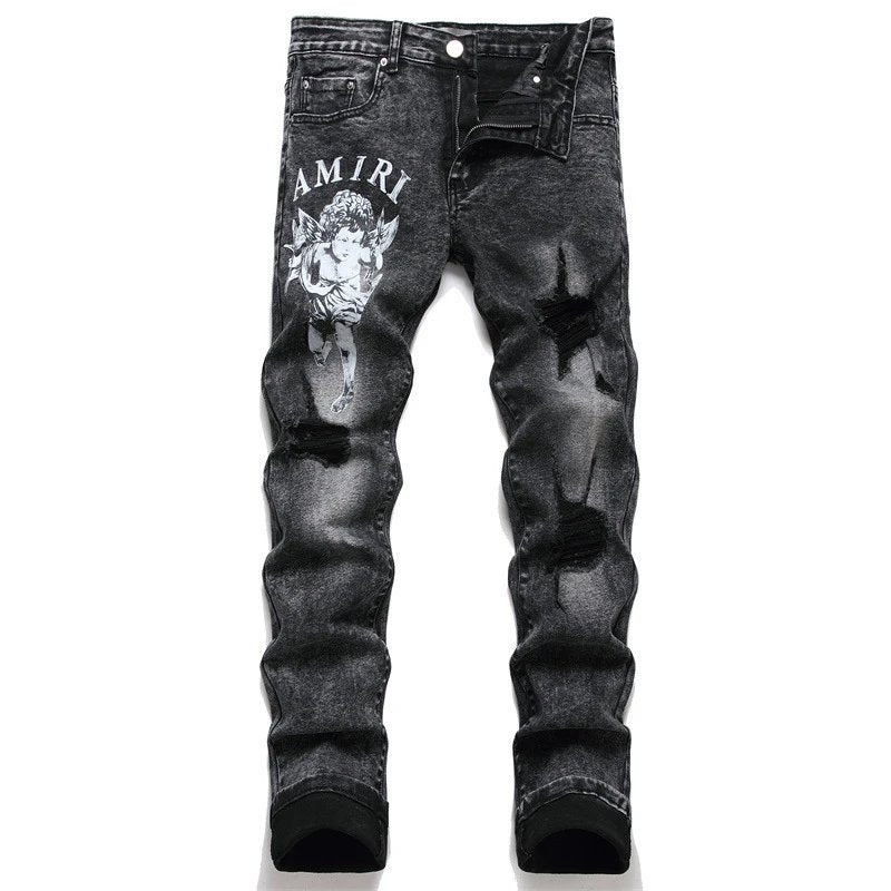 Amiri Jeans New Foreign Trade Style Fashion Blue with Holes Paste Cloth Embroidery Elastic Mid-Waist Feet Men's Jeans