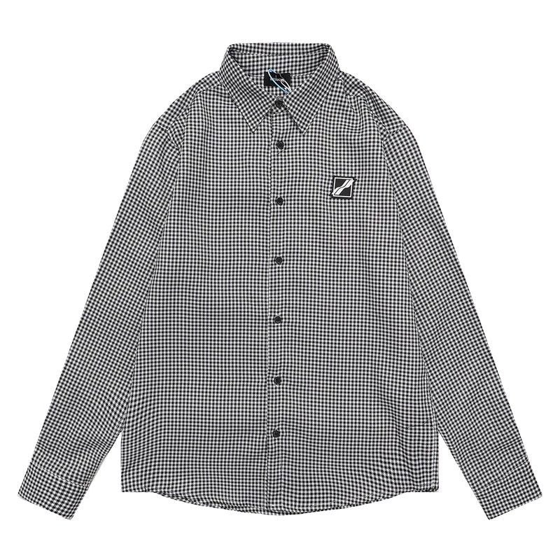 We11done Shirt Top Version Black and White Plaid Shirt Chest Leather Tag Badge Long Sleeve Shirt