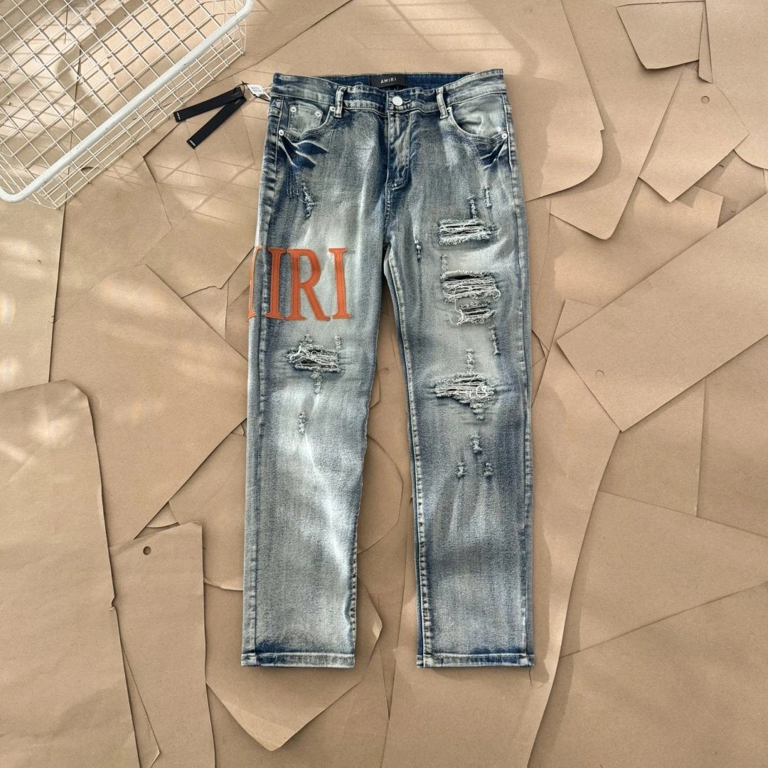 Amiri Jeans Front and back orange letter leather tags logo25ss Spring Summer New Straight Loose Slim Fit Jeans Unisex Long Pants