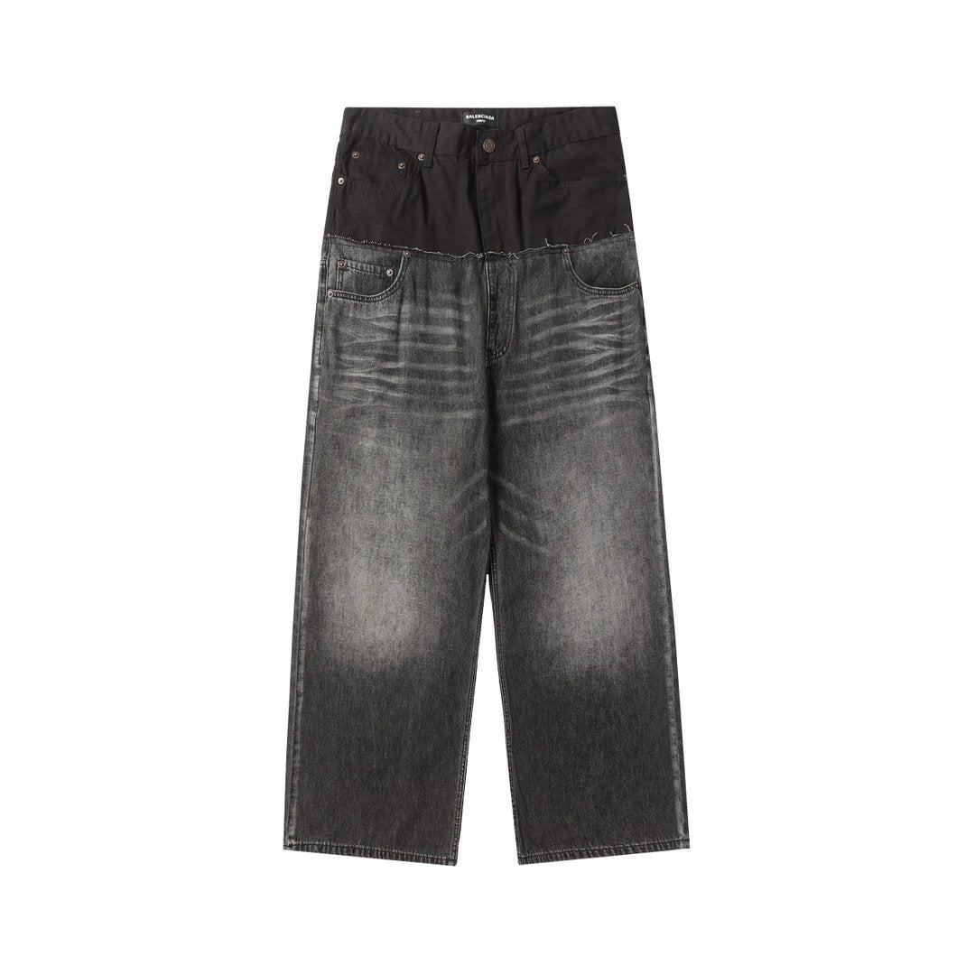 Balenciaga Jeans 100% Cotton Special Plaid Patchwork Washed Jeans Casual Wide-leg Pants Straight-leg Pants High-waisted Pants Unisex Long Pants24ss Autumn and Winter New Products